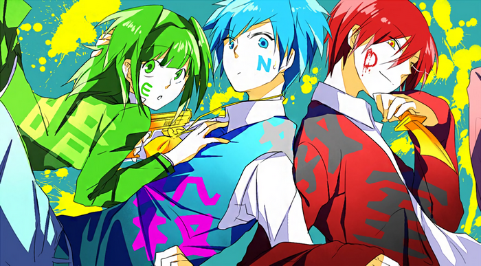 Nagisa Shiota Colorful Anime Trio with Bold Patterns