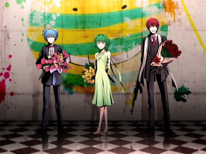 Nagisa Shiota and two men with flowers and a gun