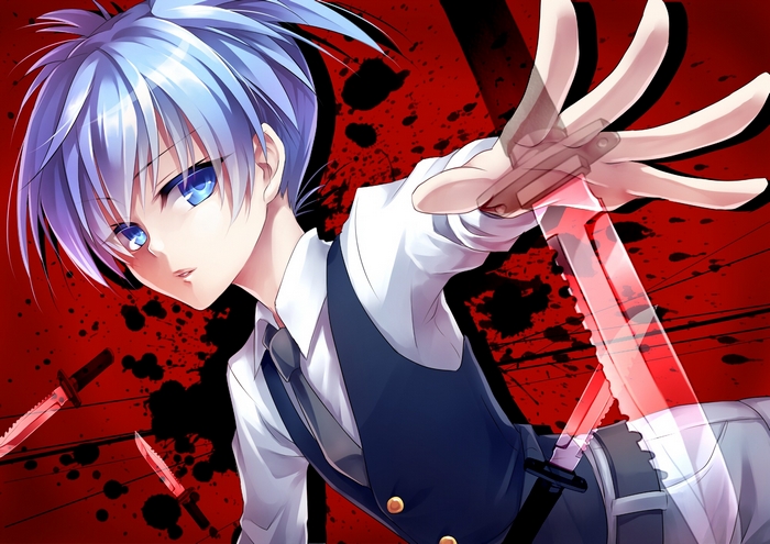 Nagisa Shiota with Blue Hair and Floating Knives