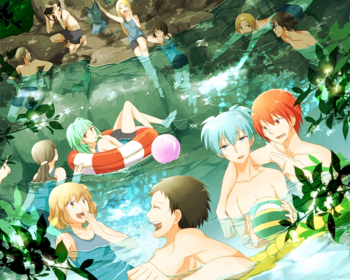 Assassination Classroom characters swimming in a river