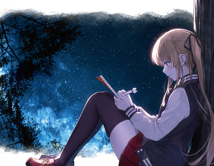 Eriri Spencer Sawamura sitting under a starry sky