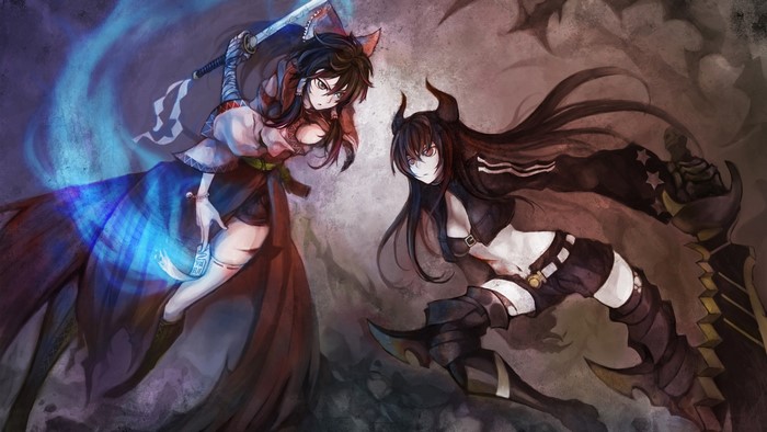 Two anime girls fighting, one with blue energy, one with black armor