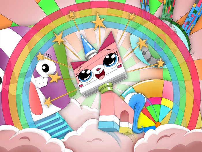 Unikitty and friends in a colorful, abstract world