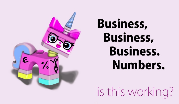 Unikitty with business symbols and text