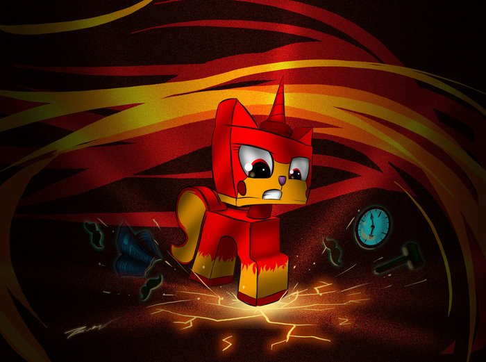 Unikitty from The Lego Movie in a fiery scene