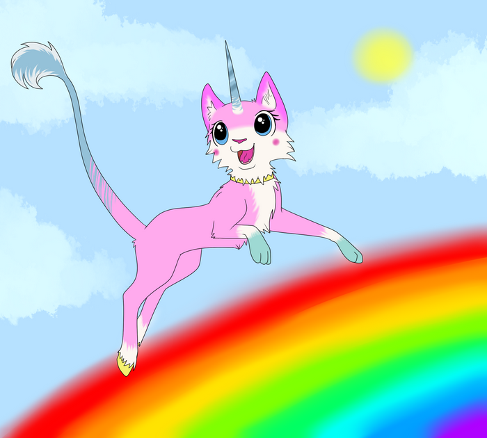 Unikitty from The Lego Movie jumping on a rainbow