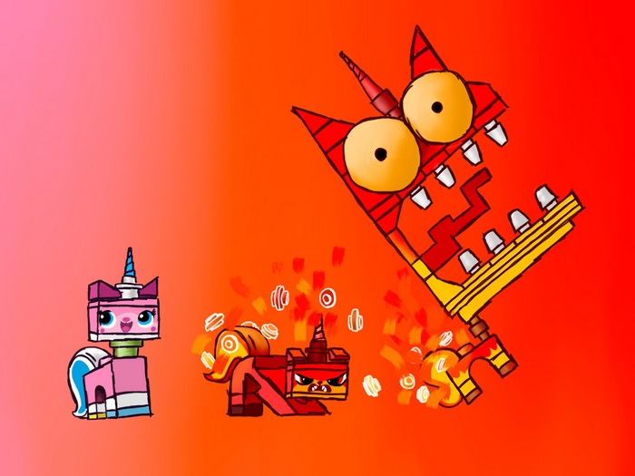 Unikitty characters in a fiery scene