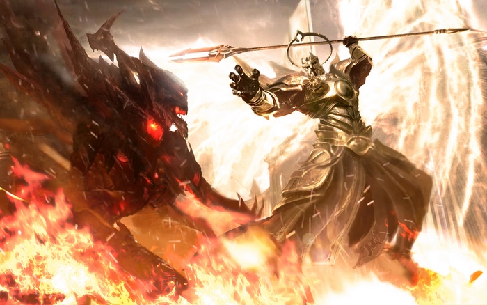 Demon fighting a golden warrior with a halo