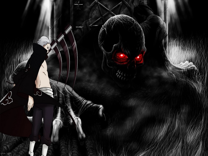 Hidan from Naruto facing a demonic skull creature