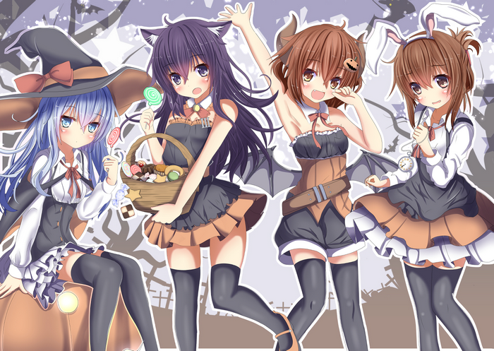 Four anime girls in Halloween costumes with candy