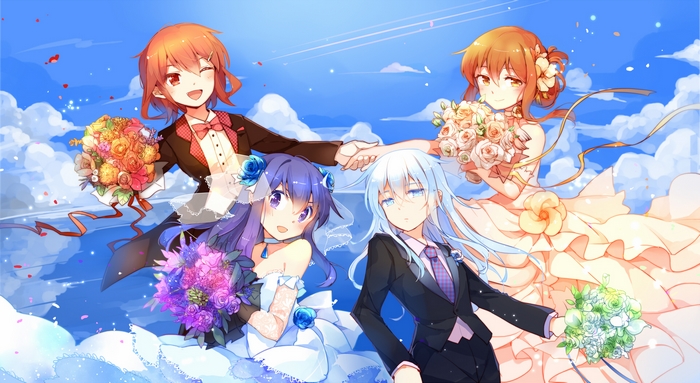 Four anime characters in wedding attire holding bouquets