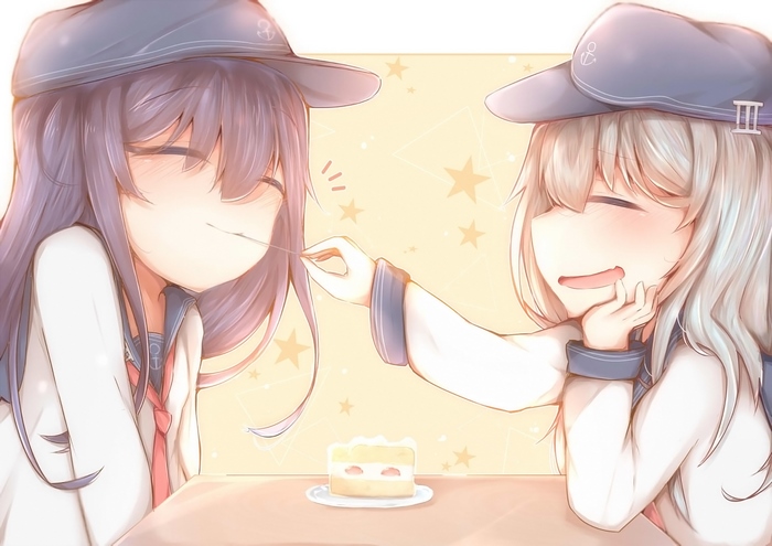 Two girls from Kantai Collection sharing cake