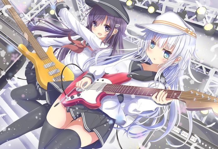 Two anime girls playing guitars on stage