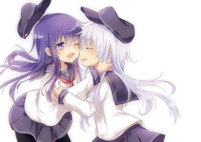 Two girls from Kantai Collection hugging
