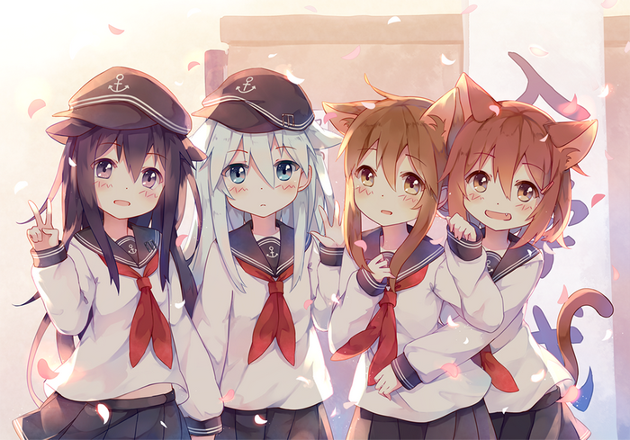 Four anime girls in sailor uniforms with cat ears