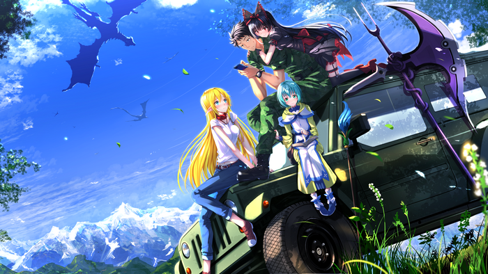Anime characters on a jeep with dragons in the sky