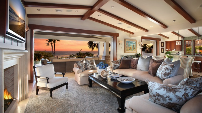 Living room with ocean view and fireplace