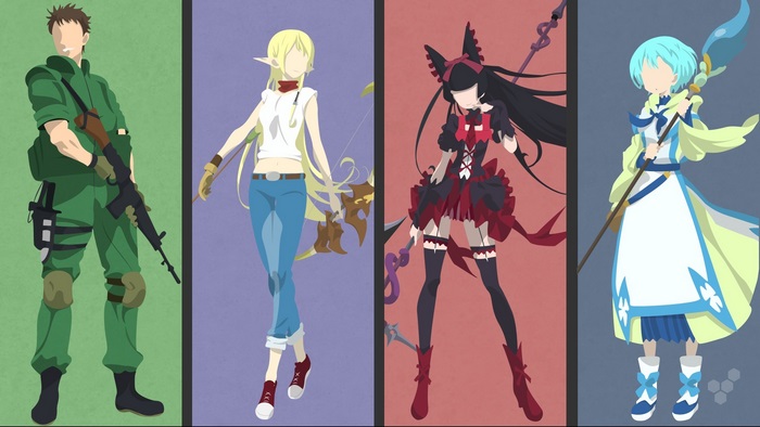 Four anime characters with weapons