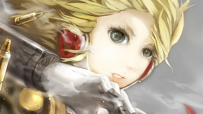 Aigis from Persona with bullets and gun
