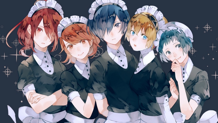 Five characters in maid outfits from Persona