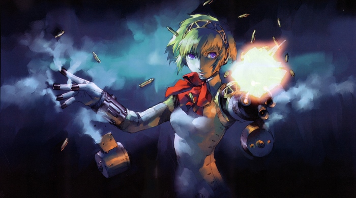 Aigis from Persona firing a weapon
