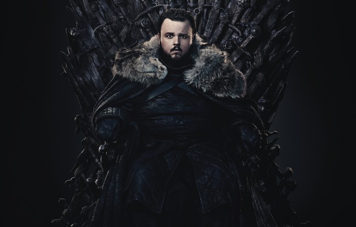 Samwell Tarly from Game of Thrones on the Iron Throne