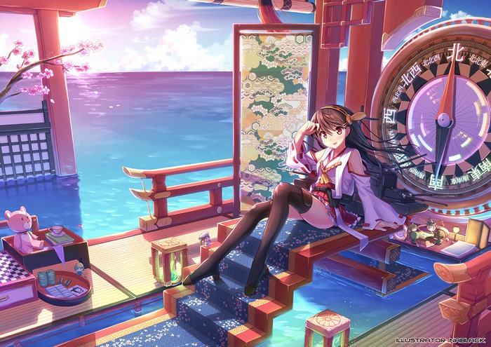 Haruna from Kancolle sitting on a deck with a compass