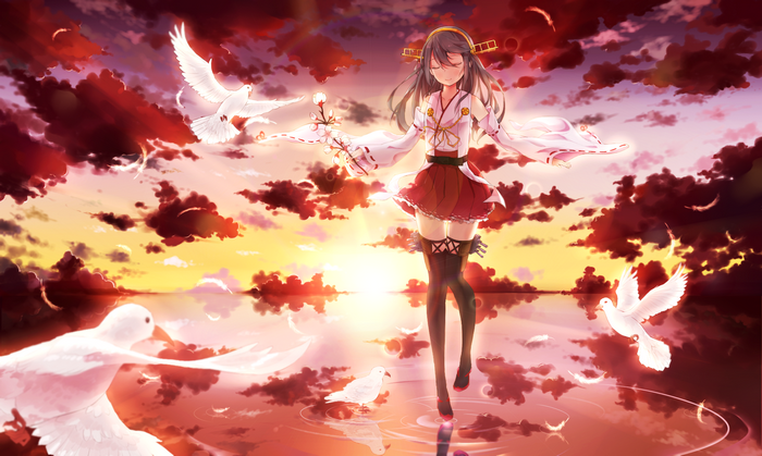 Haruna from Kancolle with doves at sunset