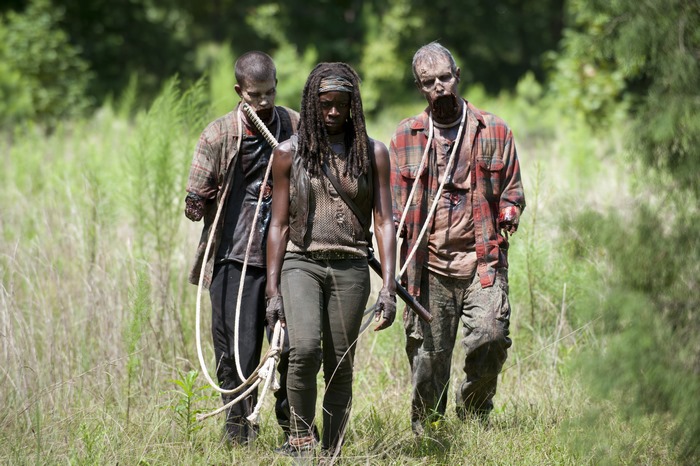 Michonne with two walkers from The Walking Dead