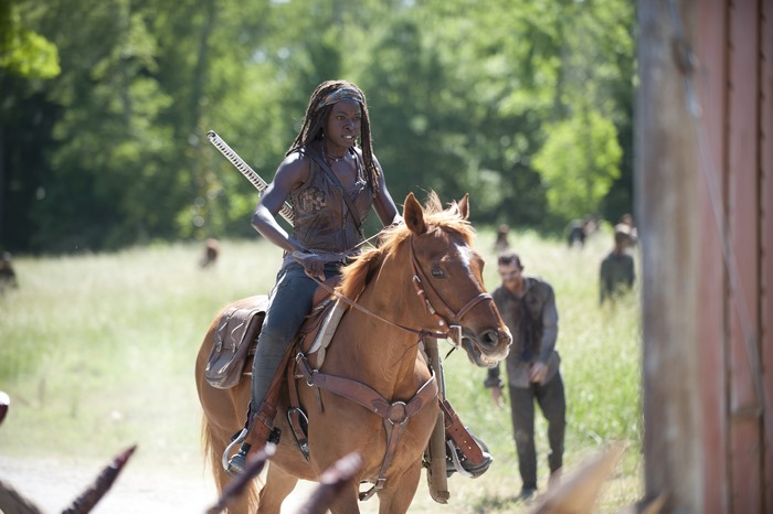 Michonne on horseback in The Walking Dead