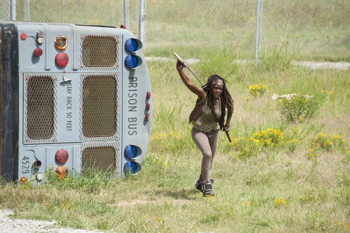 Michonne from The Walking Dead with a prison bus