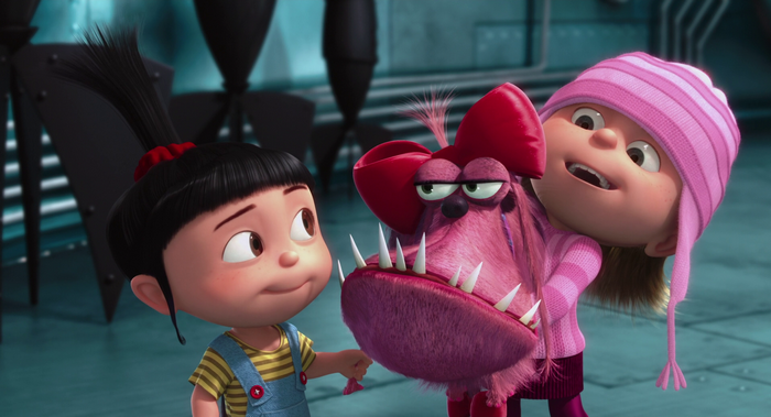 Agnes and Lucy Wilde with a monster from Despicable Me