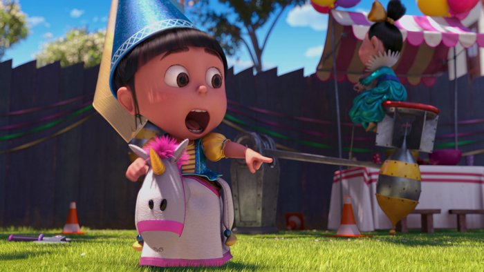 Agnes from Despicable Me on a unicorn