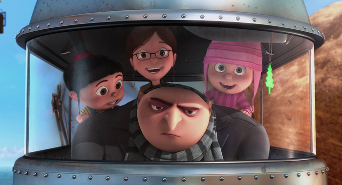 Agnes and Gru from Despicable Me in a vehicle