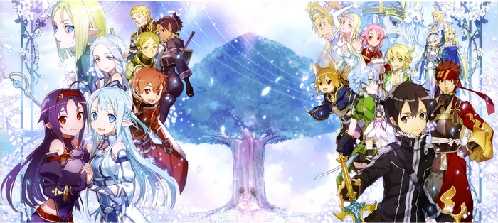 Sword Art Online characters around a tree