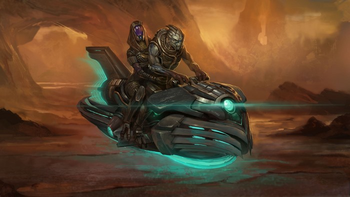 Two aliens riding a futuristic vehicle on a desert planet