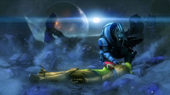 Garrus Vakarian and Samus Aran on a desolate planet