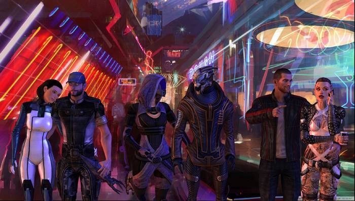 Characters from Mass Effect in a neon-lit city