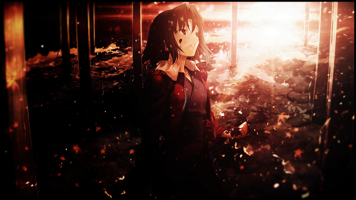Shiki Ryougi in a forest with falling leaves
