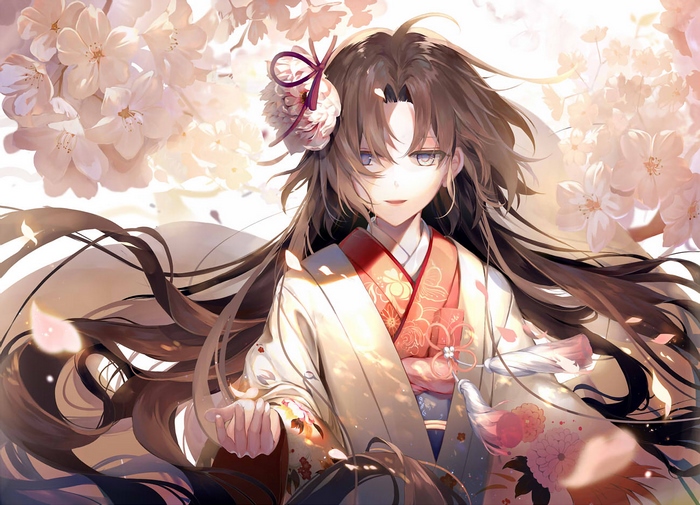 Shiki Ryougi in Kimono with Cherry Blossoms