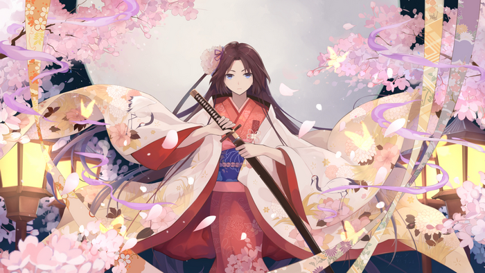 Shiki Ryougi with a katana and cherry blossoms