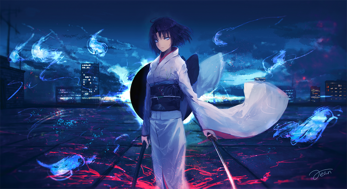 Shiki Ryougi with swords in a city at night