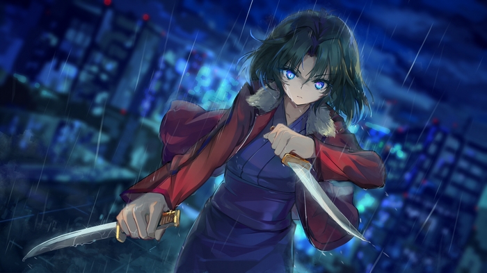 Shiki Ryougi with knives in the rain