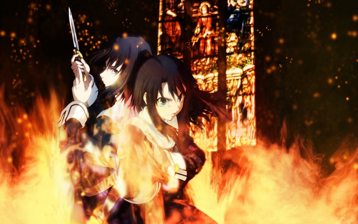 Shiki Ryougi in front of stained glass and fire