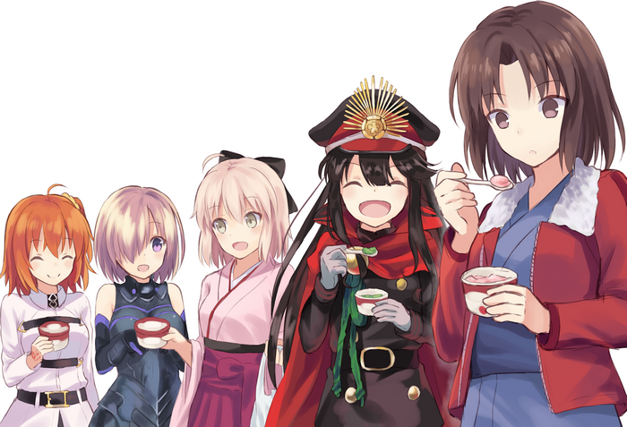 Five anime girls eating dessert