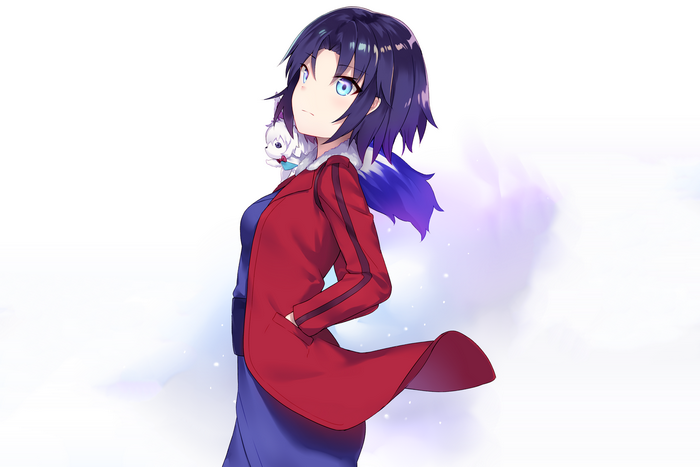 Shiki Ryougi with a small white creature
