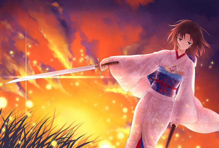 Shiki Ryougi with a sword at sunset