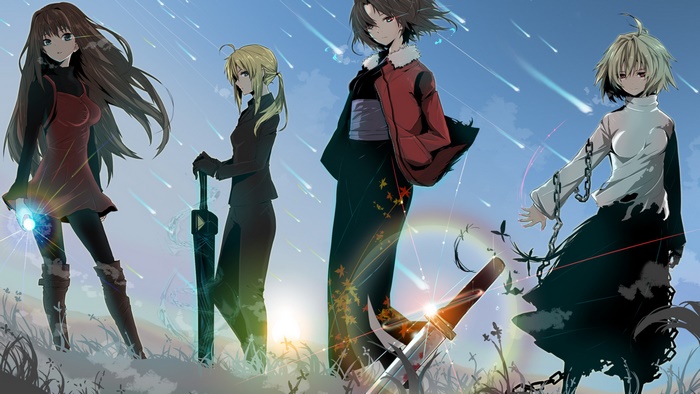 Shiki Ryougi and companions under a meteor shower