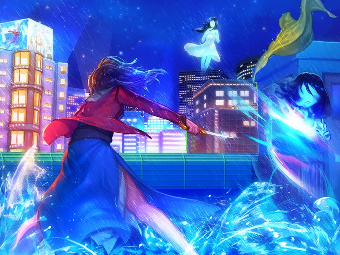 Shiki Ryougi fighting in a rainy city at night
