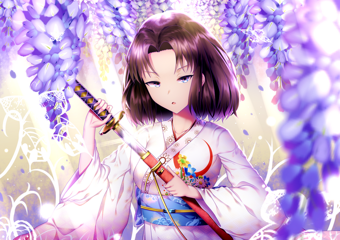 Shiki Ryougi with a katana under wisteria